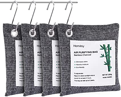 Homasy Bamboo Charcoal Purifying Bag with Activated Charcoal (4 x 200g with 4 Hooks) Removes Odors and Moisture, Natural Odor Absorber for Home, Pets, Car