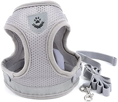 smalllee_lucky_store Reflective Soft Mesh Step-in Vest Harness and Lead for Small Dog Cat Harness Jacket Walking No Pull Adjustble Buckle Grey M