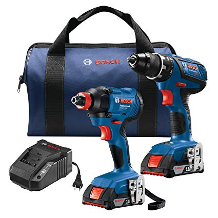 Bosch GXL18V-232B22 18V 2-Tool Kit with 1/2 In. Compact Tough Drill/Driver, 1/4 In. and 1/2 In. Two-In-One Bit/Socket Impact Driver and (2) 2.0 Ah Batteries