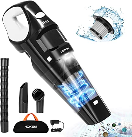 Car Vacuum Cleaner, HOKEKI Handheld Vacuum Cordless Rechargeable with LED Light Powerful Cyclonic Suction Portable Wet Dry Vac Cleaner for Home Pet Hair Car Cleaning，6kpa