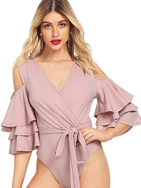 DIDK Women's V Neck Cold Shoulder Ruffle Sleeve Wrap Front Bodysuit