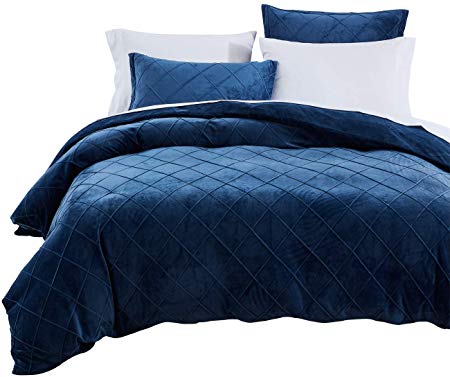 PHF Crystal Velvet Duvet Cover Set - Pinch Pleated Pintuck Bedding with Home Decor Ruffle Soft Warm Luxury Heavyweight for Winter(Queen, Navy Blue)