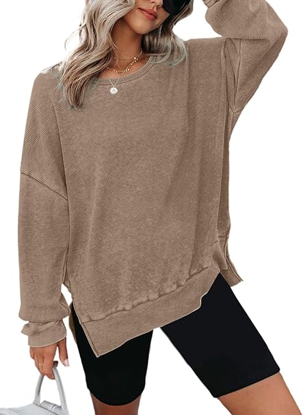 Dokotoo Womens Oversized Waffle Knit Crewneck Sweatshirts Long Sleeve Side Slits Casual Pullover Sweatshirt Tops