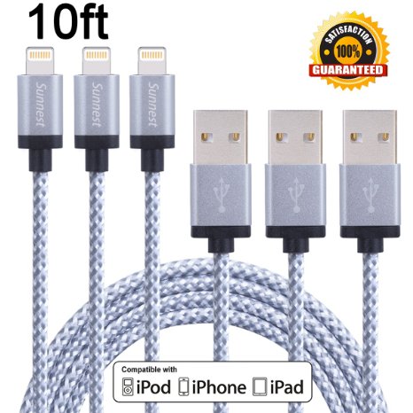 Sunnest 3Pcs 10FT Extra Long Nylon Braided 8 Pin Lightning Cable USB Charging Cord with Aluminum Connector for iPhone 6/6s/6 plus/6s plus, 5c/5s/5, iPad Air/Mini, iPod Nano/Touch(White)