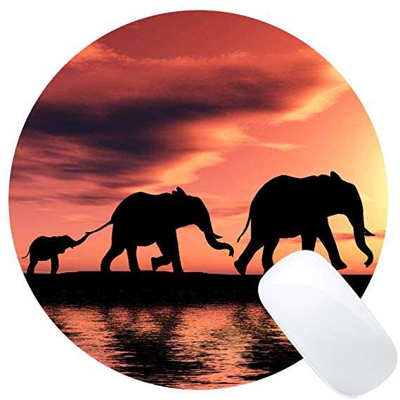 Wknoon Round Gaming Mouse Pad Custom Design, Elephants Family At Sunset, 8" Non-slip Rubber Mousepad Mat