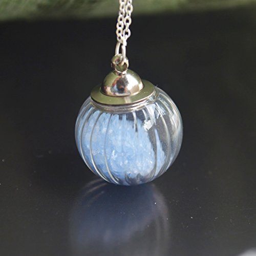 Blue Luminous Glow In The Dark Open Screw Thread Pumpkin Glass Ball 925 Sterling Silver Necklace 17.7" Length