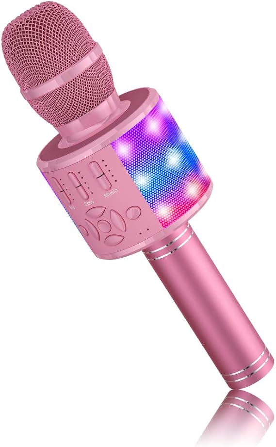 BONAOK Bluetooth Wireless Microphone, Lyrics (Voice) Elimination Karaoke Mic, Mic with Led Lights, Home Party KTV Karaoke Machine,Compatible with IOS Android Bluetooth Devices（Pink）