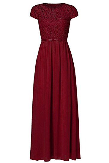 Ssyiz Custom Womens Vintage Floral Lace Cap Sleeve Long Chiffon Bridesmaid Evening Dress