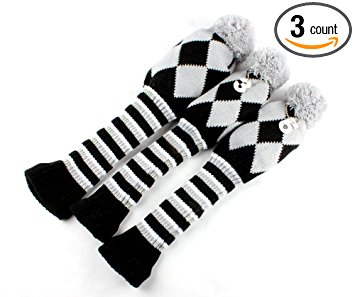 Knit 3pcs Headcover Set Vintange Pom Pom Sock Covers 1-3-5 Gray & Black NEW