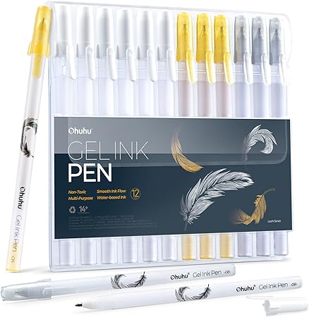 Ohuhu Gold Silver White Gel Pens: 12 Pack Extra Fine Point Pens Opaque Gel Ink Pens Smooth White Ink Pens for Highlight Black Paper Art Drawing Sketching Illustration Card Making, Bullet Journaling