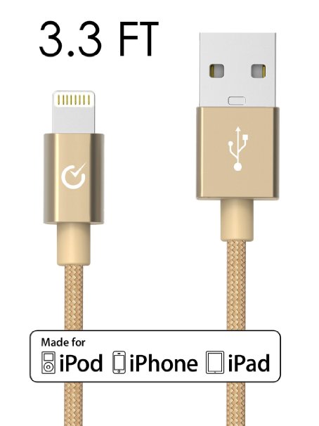 Volts Lightning Cable [Apple MFi Certified] 3.3ft Nylon Braided Charger with Aluminum Case on 8 pin Connector for iPhone, iPad, iPod - 1m Gold