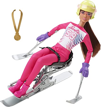 Barbie Winter Sports para Alpine Skier Brunette Doll (12 in) with Shirt, Pants, Helmet, Gloves, Pole, Sit Ski & Trophy, Great Gift for Ages 3 and Up