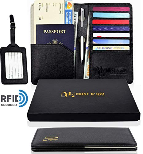 MUST N’ GO! RFID Passport Holder for Men and for Women - Travel Passport Wallet RFID Blocking and Luggage Tag Set - Elegant Gift Box - Black