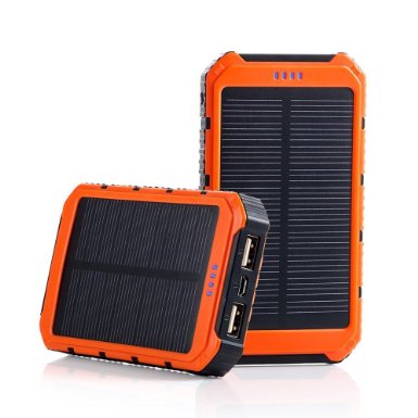 Solar Charger, Pobon Portable 10000mAh Dual USB output Power Bank Solar Battery Charger Powered Phone Charger External Battery Pack with LED Light for Emergency Cell Phones iPad GPS & Camera (Orange)