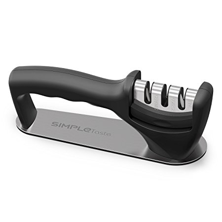 SimpleTaste Kitchen Knives Sharpener 3-in-1 Manual System for All-Sized Household Knives, 3 Sharpening Process, Non-slip Sponge Mats and Ergonomic Design with a Black/Chrome Stylish Finish