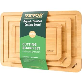 VEVOR Cutting Board, 3 Pieces, Premium Versatile Bamboo Cutting Board with Food-Grade Oil and Juice Groove,Sturdy & Durable Chopping Board with Built-in Handle, Fit for Display, Chopping & Serving