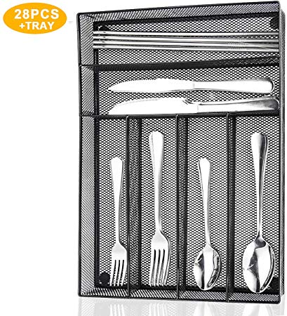 WOAIWO-Q Silverware Set,28 PCS Stainless Steel Cutlery for 4 People,Flatware With Wire Mesh Holder Storage Trays Mirror Polish,Dishwasher Safe,Include Knife/Fork/Spoon/Straw (Silver)