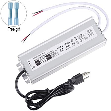 LED Driver 150 Watts Waterproof IP67 Power Supply Transformer Adapter 85V-265V AC to 24V DC Low Voltage Output with 3-Prong Plug 3.3 Feet Cable for LED Light, Computer Project, Outdoor Light