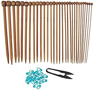 Bamboo Ultra Strong Knitting Needles Set 9" Single Point - 15 Sizes 2mm-10mm - Carbonized Brown - Comes w/Stitch Markers & Snip