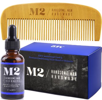 Beard Comb with Beard Oil 2-in-1 Beard Grooming and Conditioner Set Kit for Men by M2 - Best Beard Care Product Combo makes perfect gift - Wood Comb and Oil with Vitamin E Aloe Vera Jojoba Carrier