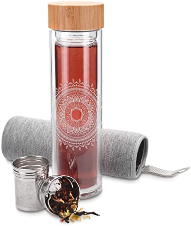 Navaris Glass Water Bottle with Tea Infuser - Double Walled Borosilicate Glass Travel Tumbler with Bamboo Lid and Non Slip Gray Neoprene Sleeve - 17oz