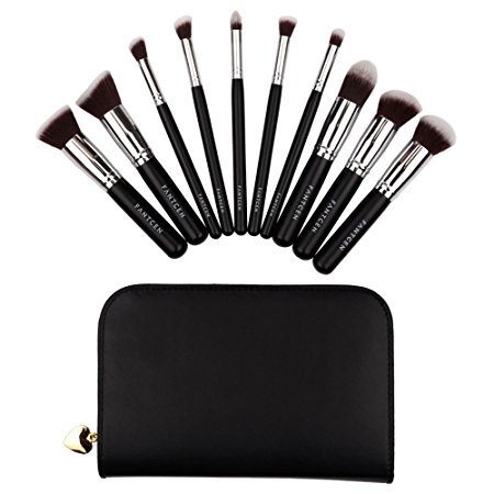 FANTCEN Makeup Brush Set Kabuki Brush Set Wooden Handle Foundation Brush Set with PU Black Bag Set of 10