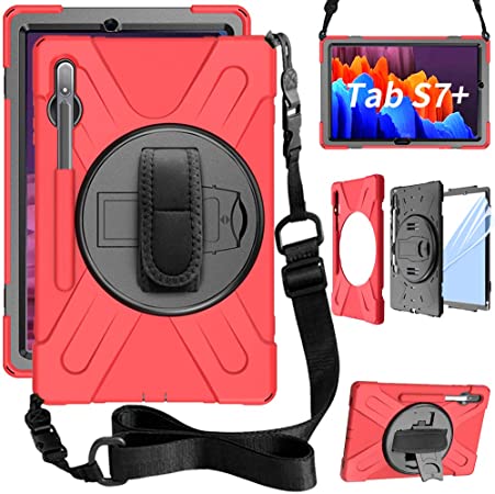 ZenRich Galaxy Tab S7 Plus Case 12.4 inch 2020, zenrich SM-T970/T975/T976 Case with S Pen Holder Heavy Duty Case with Screen Protector Stand Hand Strap Shoulder Belt for Tab S7  12.4 Inch-Red