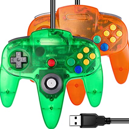 2 Pack USB N64 Controller, iNNEXT N64 Wired PC Gamepad Joystick for Windows PC MAC Linux Raspberry Pi Genesis Higan Project 64 Retropie OpenEmu Emulator (Plug & Play) (Green Orange)