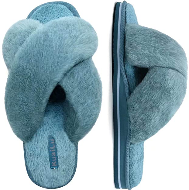 KUAILU Womens Fluffy Fur Slides Open Toe Slippers Fuzzy Cross Band Soft Yoga Mat Slippers Furry Slip on House Sandals Indoor/Outdoor