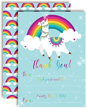 Magical Rainbow Llama Unicorn Themed Thank You Notes for Kids, Ten 4" x 5.5" Fill In The Blank Cards with 10 White Envelopes by AmandaCreation