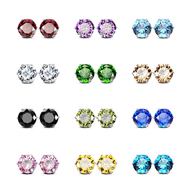 JewelrieShop Stainless Steel Cubic Zirconia Earrings for Sensitive Ears, Round Square Cuts Hypoallergenic Stud Earrings for Women Girl, 8-12 Pairs