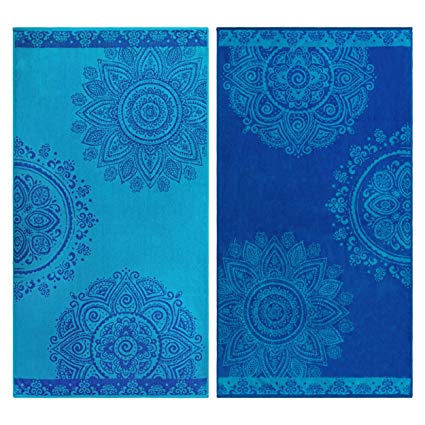 Superior 100% Cotton Floral Mandala (Set of 2) Oversized Beach Towel - Blue