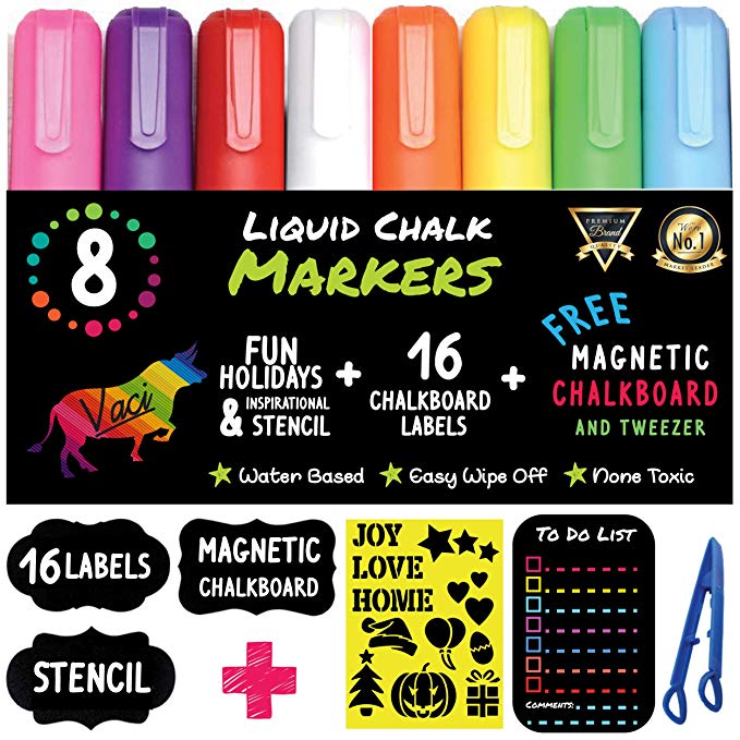 Chalk Markers by Vaci, Pack of 8   Christmas Drawing Stencils   16 Labels, Premium Liquid Chalkboard Neon Pens, Including Stencil,Tweezers and Magnetic Chalkboard, Bullet or Chisel Reversible Tips