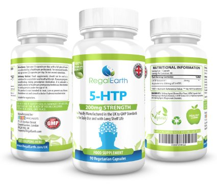 5-HTP 200mg Vegetarian Capsules For Men and Women - Stimulating Brain Function and Serotonin which Controls Sleep Appetite Cravings Positive Mood Reduce Anxiety Negative Feelings Enhance Mental and Overall Wellness - Money Back Guarantee - 90 Capsules - Made In The UK