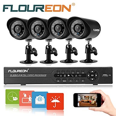 Floureon 8CH 960H Onvif Hybrid DVR with 4PCS Night Vision Built-in Waterproof LED High Resolution Outdoor 900TVL IR Cameras Surveillance CCTV Security Camera System (No HDD)