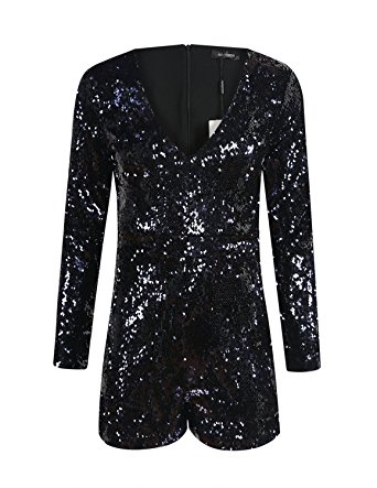 HaoDuoYi Women's Sparkly Sequin V Neck Long Sleeve Party Clubwear Romper Jumpsuit
