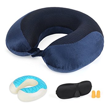 YOFIT Cooling Gel Memory Foam Travel Neck Pillow U-Shape Pillow with Ear Plugs, Eye Mask (Dark Blue)