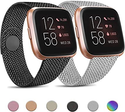 Pack 2 Metal Loop Bands Compatible for Fitbit Versa 2 / Fitbit Versa SE/Fitbit Versa Lite, Stainless Steel Mesh Breathable Wristband with Adjustable Magnet Lock (Black   Silver, Large)