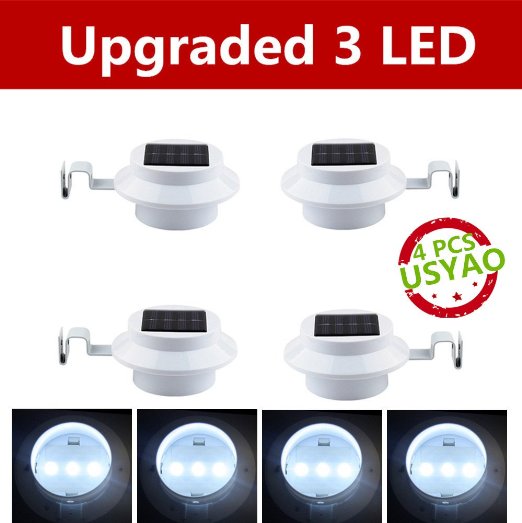 USYAO Solar Powered 3 LED Gutter Light ABS Material IP44 Waterproof White Color Energy Saving Security for Garden Yard Wall Pathway Driveway White Light Pack of 4