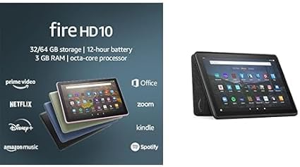 Certified Refurbished Fire HD 10 tablet, 10.1" display, 64GB (Black, 2021 release)   Amazon Standing Cover