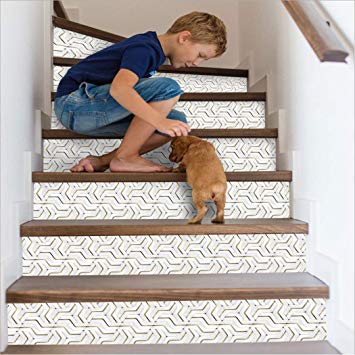 Cosaving Stair Stickers Peel and Stick Staircase Tiles Decals Stair Riser Stickers Self-Adhesive Backsplash Tiles Decals Removable, 7"x39", 6 Pcs/Set, White Lines