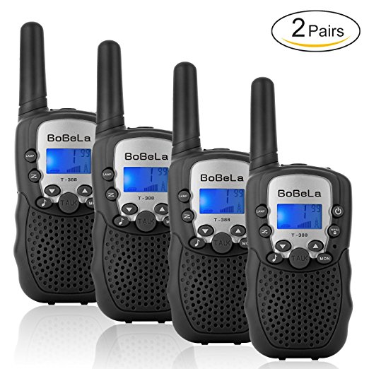 Bobela T388 Best Cool Walkie Talkies as Christmas Stocking Fillers Gifts for Teenage / Twin Way Radio Toys for Kids Hunting / Long Range Walky Talky with Light for Adults Cruise Ship ( Black 4 Pack )