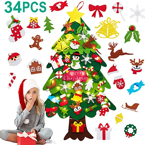 Newtion DIY Felt Christmas Tree Set - 34 PCS Ornaments 3.6 FT Tall Wall Hanging with LED String Lights 16.5 FT with 50 LEDs for Kids Xmas Gifts Home Door Wall Decoration
