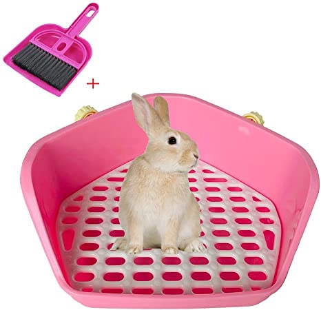 kathson Rabbit Litter Box Pet Toilet Cage Box Potty Trainer Corner with Small Animal Cage Cleaner Broom Brush Dustpan for Bunny Chinchilla Guinea Pig Ferret