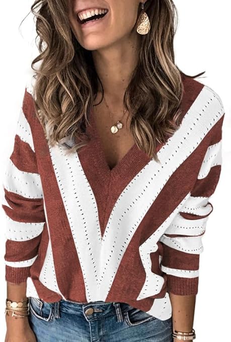 Dokotoo Womens Color Block Striped V Neck Cozy Knitted Pullover Sweaters Jumper Tops Loose Fit