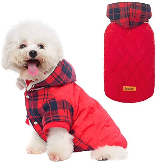 BINGPET Dog Winter Coat, Classic Plaid Dog Hoodie with Leash Hole, Cold Weather Clothes with Detachable Hat, Pet Warm Thicker Fleece Oufit for Small and Medium Large Dogs