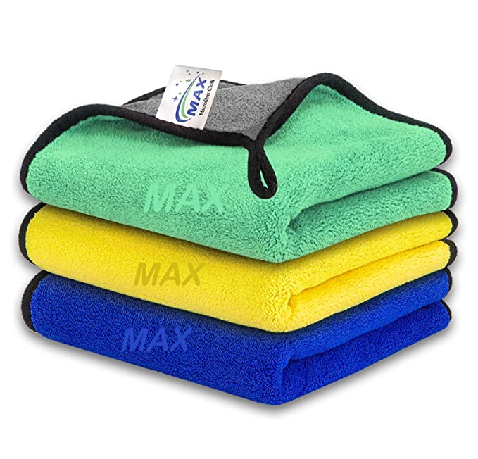 Max Microfiber Cloth for Car Cleaning (800 GSM, Pack of 3, Size: 30 x 40 cm) Double Sided, High Density, Cleaning, Washing and Polishing, Color: Yellow, Blue, Green