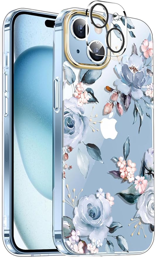 luolnh Compatible with iPhone 15 Case,for Women Girls,Shockproof Clear Floral Pattern Hard Back Cover for iPhone 15 6.1" 2023 -Blue