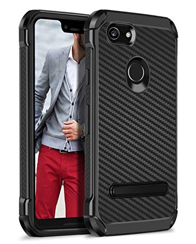 Google Pixel 3 XL Case,Pixel 3 XL Phone Case,BENTOBEN Dual Layer 2 in 1 Shockproof PC Back Cover Soft TPU Bumper with Carbon Fiber Texture Protective Case with Kickstand for Google Pixel 3 XL,Black