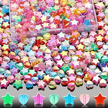400 Pcs Acrylic Star Beads Heart Beads for Jewelry Making, EVERMARKET Cute Bracelets Beads Bulk, 11mm Star Beads 9mm Love Heart Charms with Box, Crystal Spacer Beads for DIY Crafts (Colorful)
